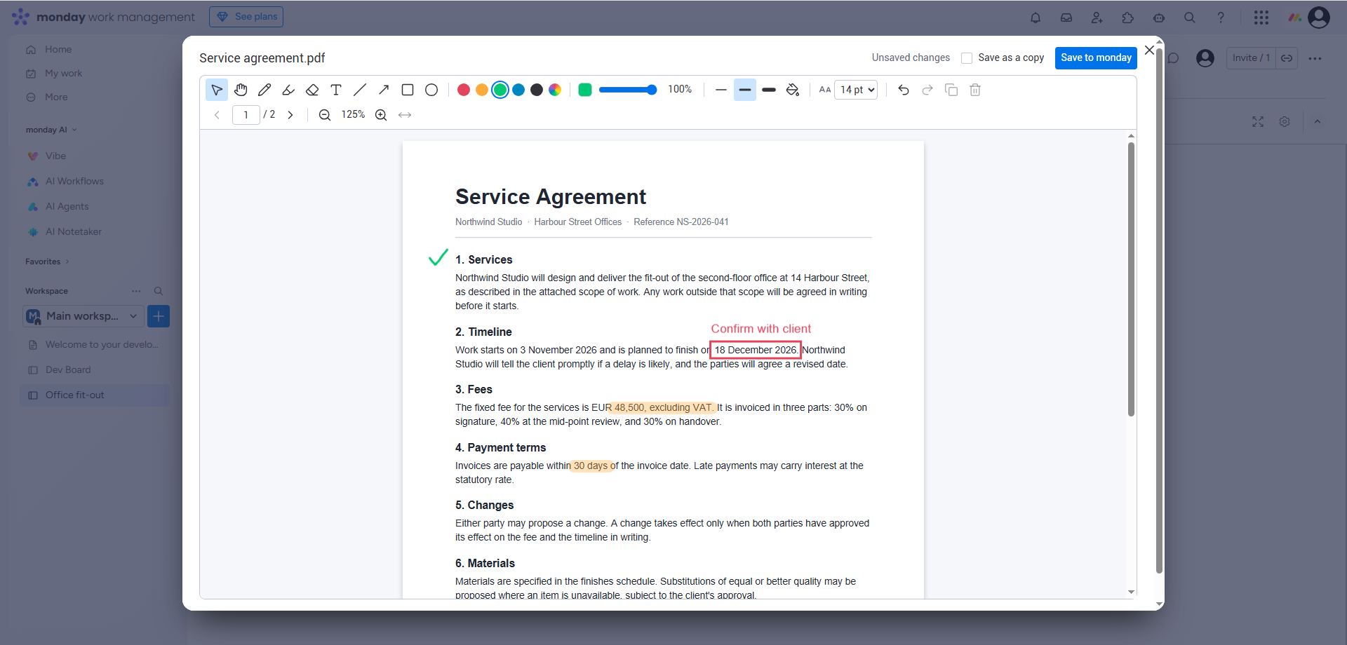 The editor open on a service agreement, with fees and payment terms highlighted, a date boxed in red with a note, and a green tick.