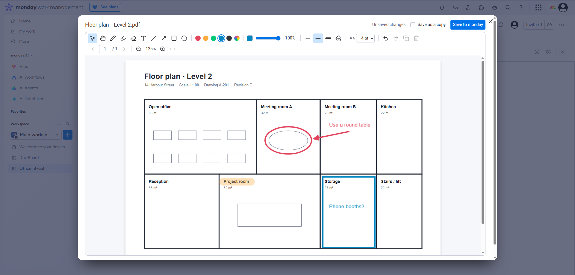 The editor open over monday on a floor plan, with a red ellipse and arrow, a note, an orange highlight and a blue rectangle drawn on it.